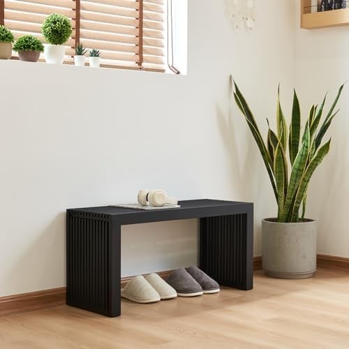 Modern Black Wooden Slatted Bench Sleek Indoor Seating Storage Entryway Décor