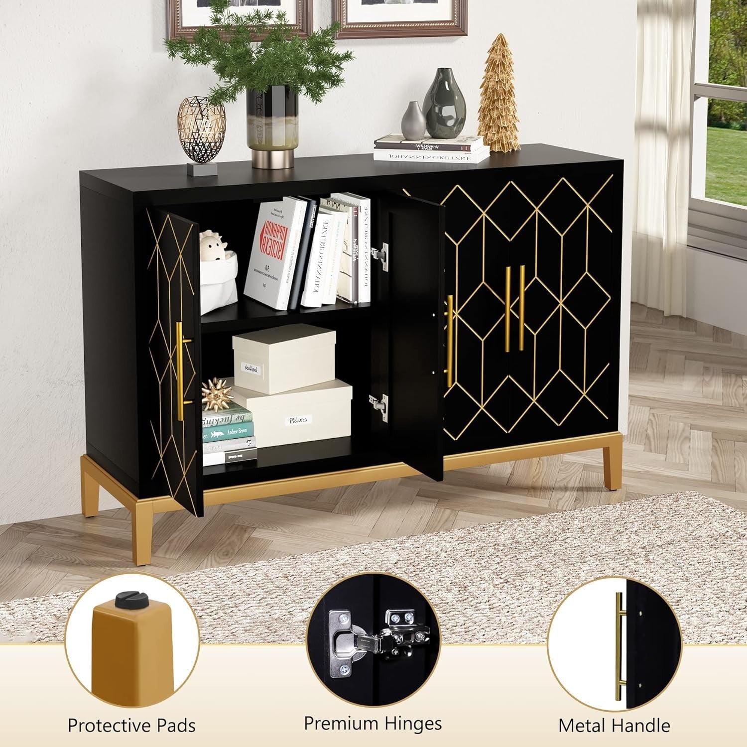Black Sideboard Cabinet 4 Door Gold Trim Storage Unit for Hallway Room