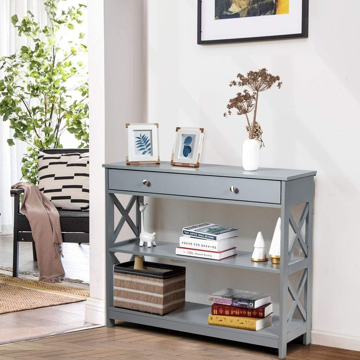 Modern Console Table with Drawer & Shelves, Narrow Hallway Desk
