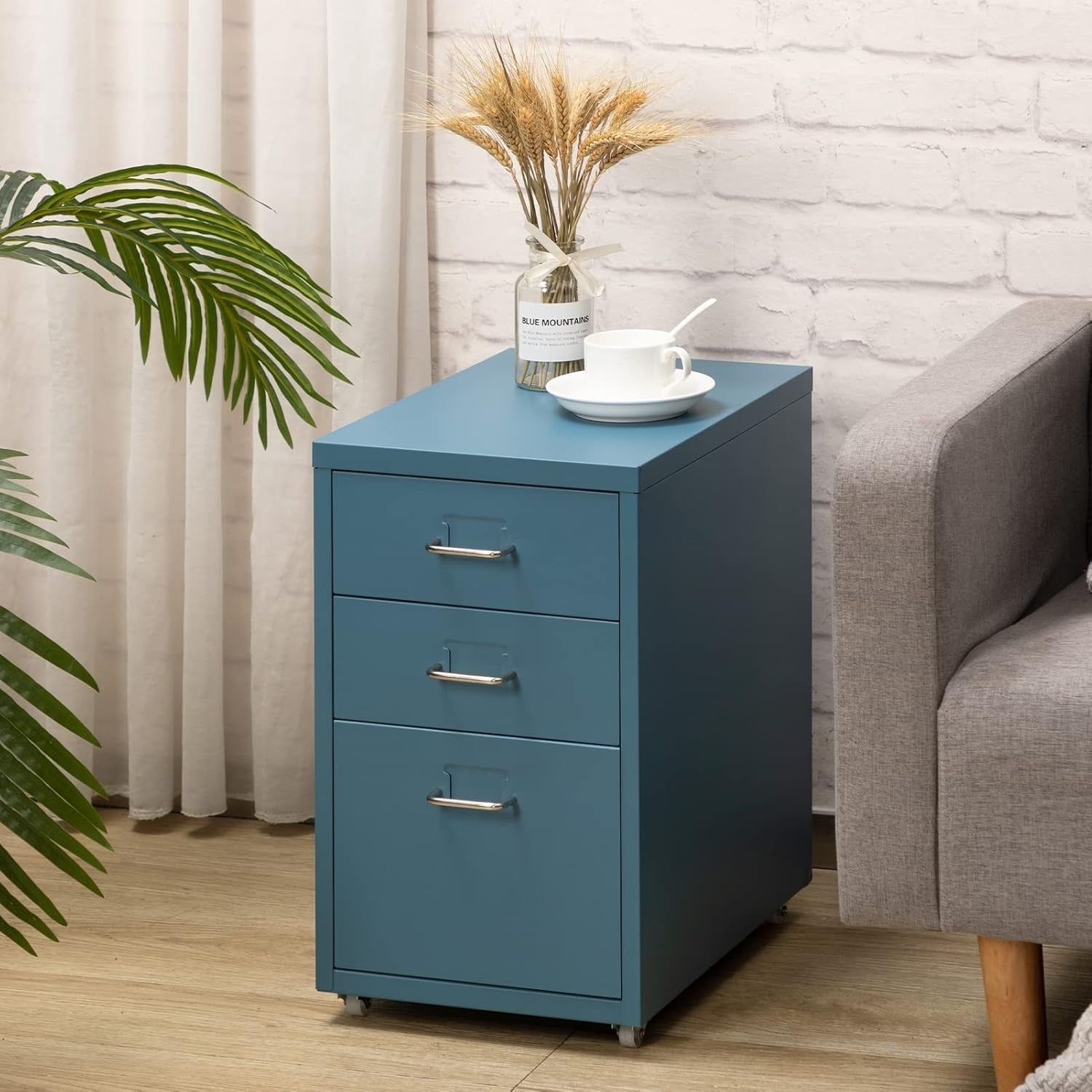 Dark Blue Metal Rolling Drawer Unit 3 Tier Under Desk Storage