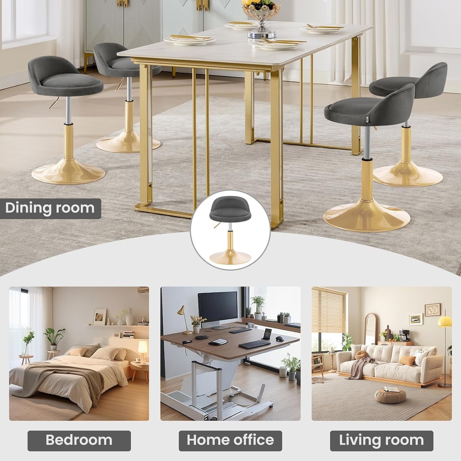 Dark Grey Velvet Swivel Stool Height Adjustable Round Chair Gold Base