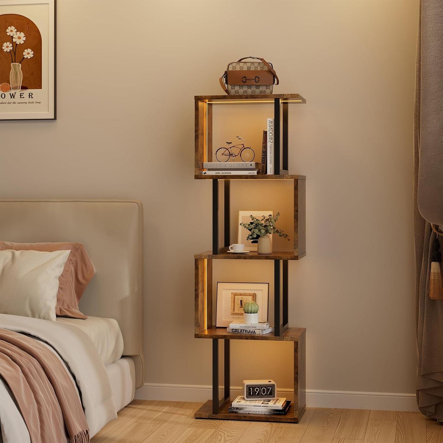 5-Tier S-Shaped Bookcase with LED Lights Rustic Brown Display Storage Shelf Unit