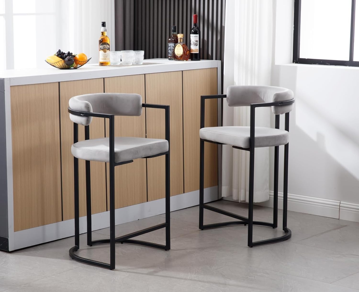 Gray Velvet Bar Stools Set of 2 Metal Frame Counter Height Kitchen