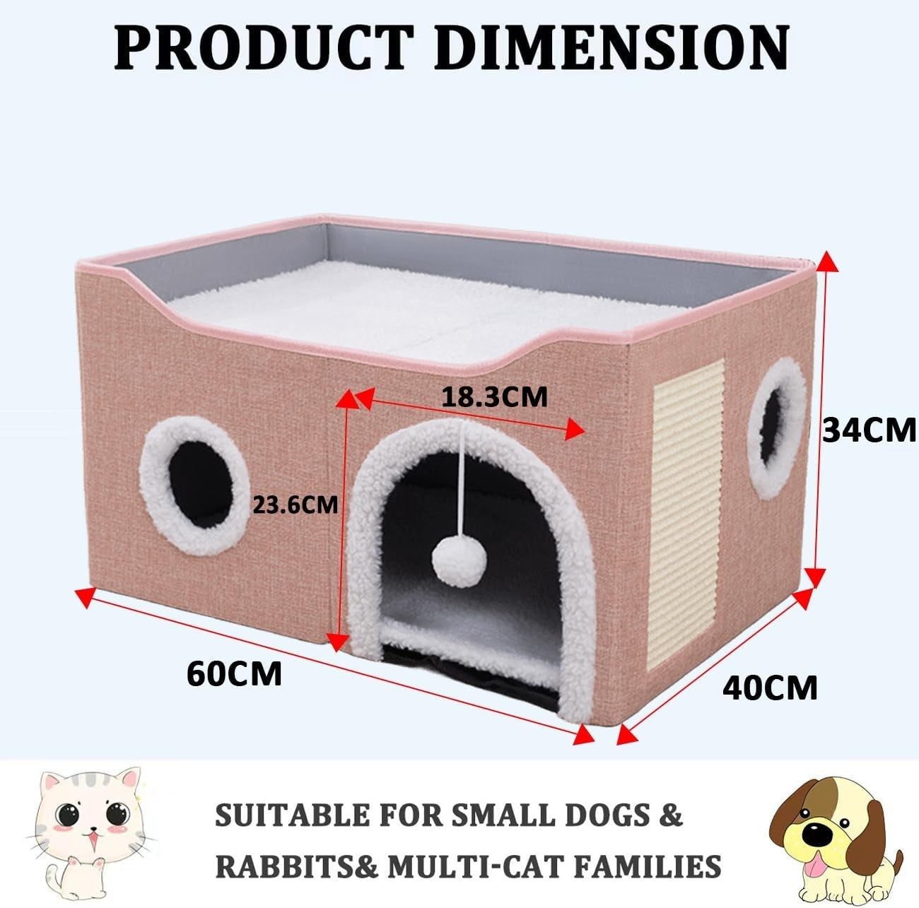 Foldable Cat House Cave Bed 2 Tier Cat Condo w Scratch Board Pink