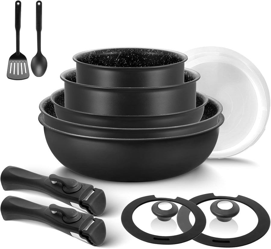 13pcs Induction Cookware Set Non-Stick Pans & Pots with Detachable Handles