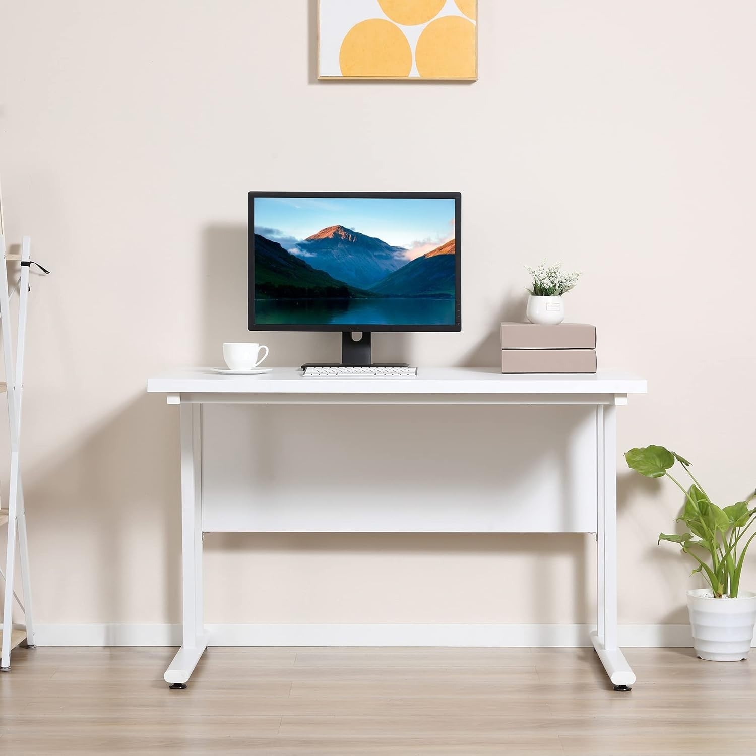 White 120x60cm Computer Desk w/Cable Holes, Metal Legs & Adjustable Feet