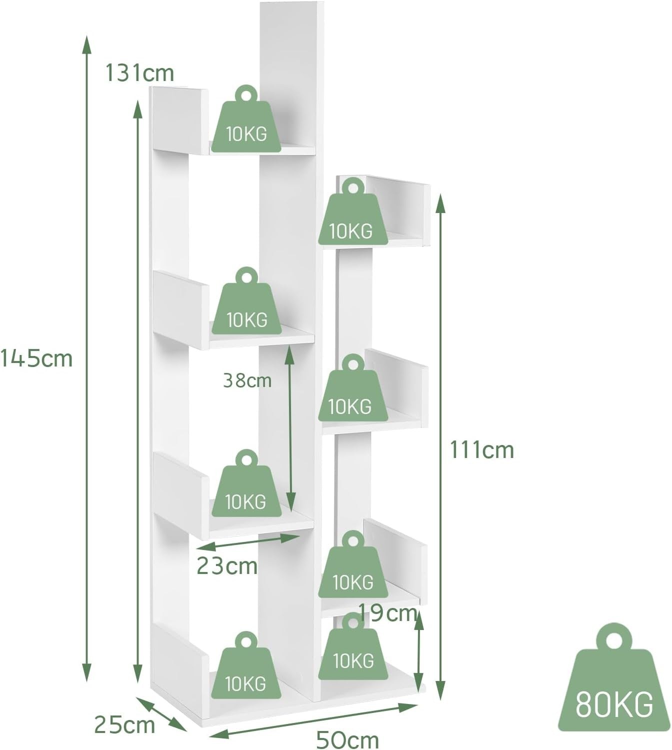 8 Tier Tree Bookshelf White Tall Bookcase Modern Storage Rack For Living Room