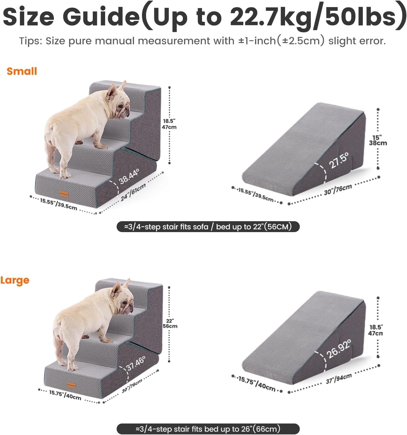 4 Step Adjustable Dog Stairs Foam Ramp Non-Slip Grey 47-56cm H