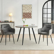 Round Grey Marble Dining Table Set with 2 Grey Faux Suede Chairs Kitchen