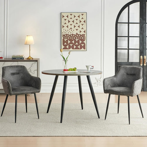 Round Grey Marble Dining Table Set with 2 Grey Faux Suede Chairs Kitchen