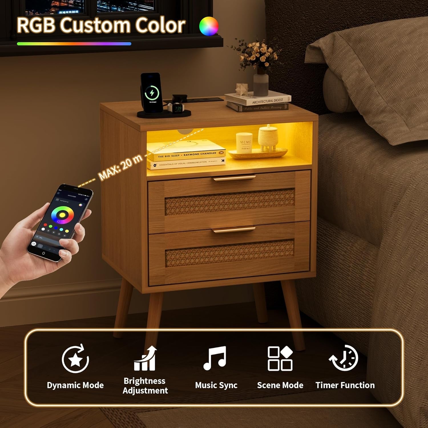 Set of 2 Bedside Table,Nightstand with Charging Station and LED Lights, Bedside