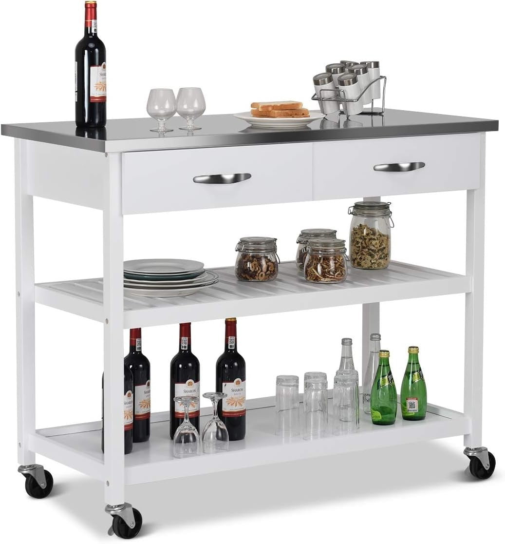 Mobile Kitchen Storage Trolley with Stainless Steel Top,Drawers & Lockable Wheel