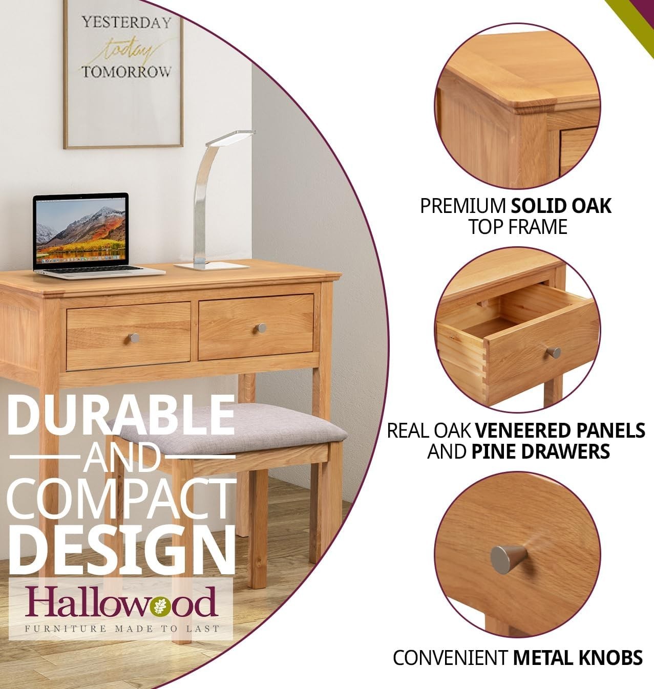 Solid Oak Wood Dressing Table Desk Console Vanity 2 Drawers Light Modern