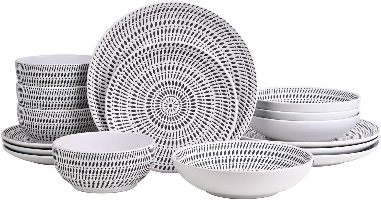 16 Piece Stoneware Dinner Set Black White Plates Bowls Microwave Dishwasher Safe