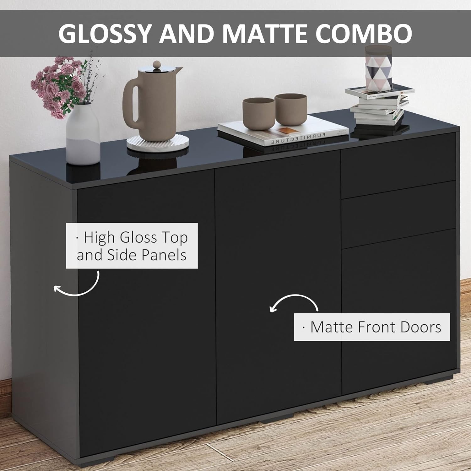 High Gloss Sideboard Cabinet with 2 Drawers & Push-Open Doors - Living Room