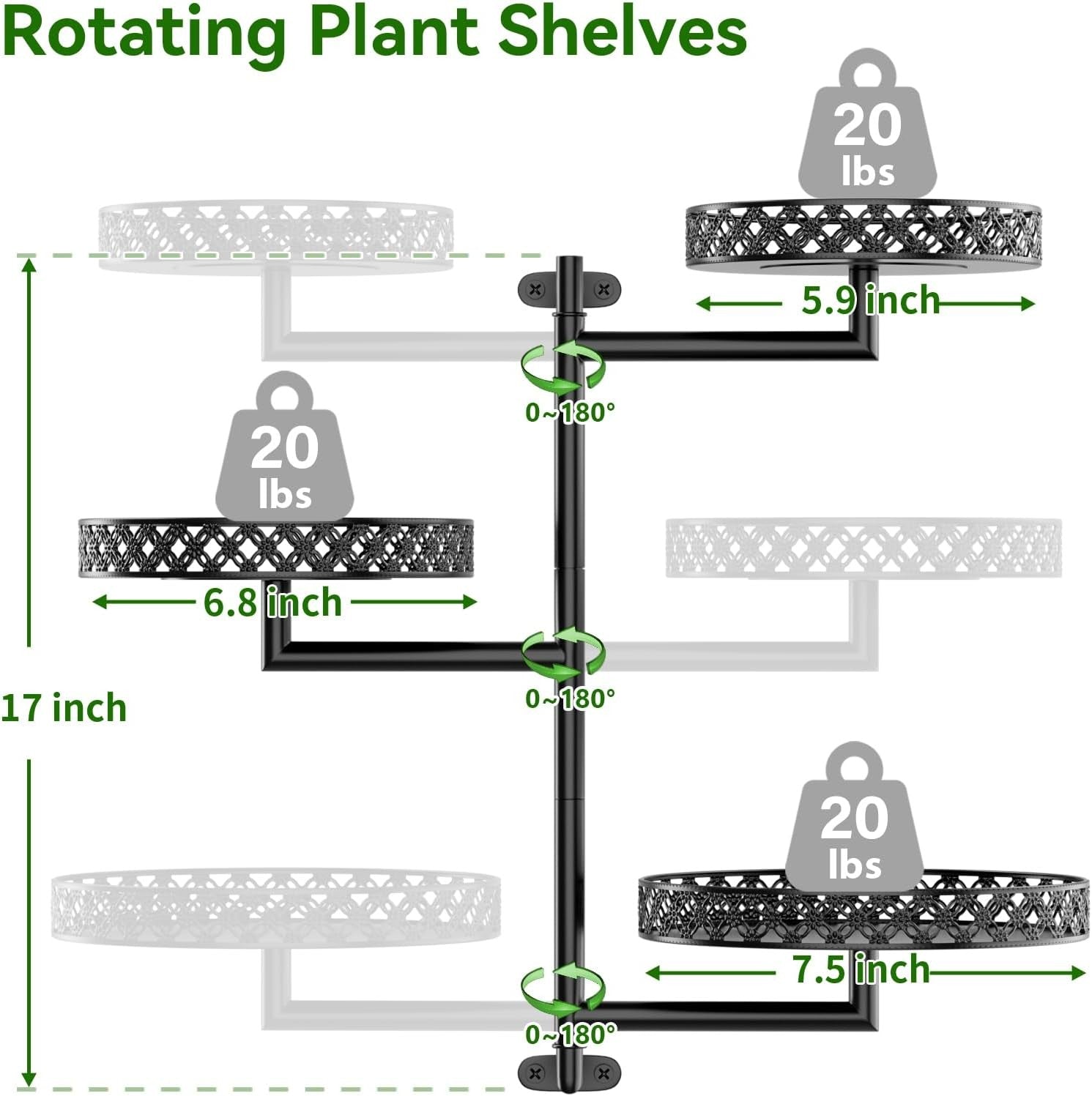 3 Tier Rotating Window Plant Shelf | Metal Wall Hanging Planter Rack with Hooks