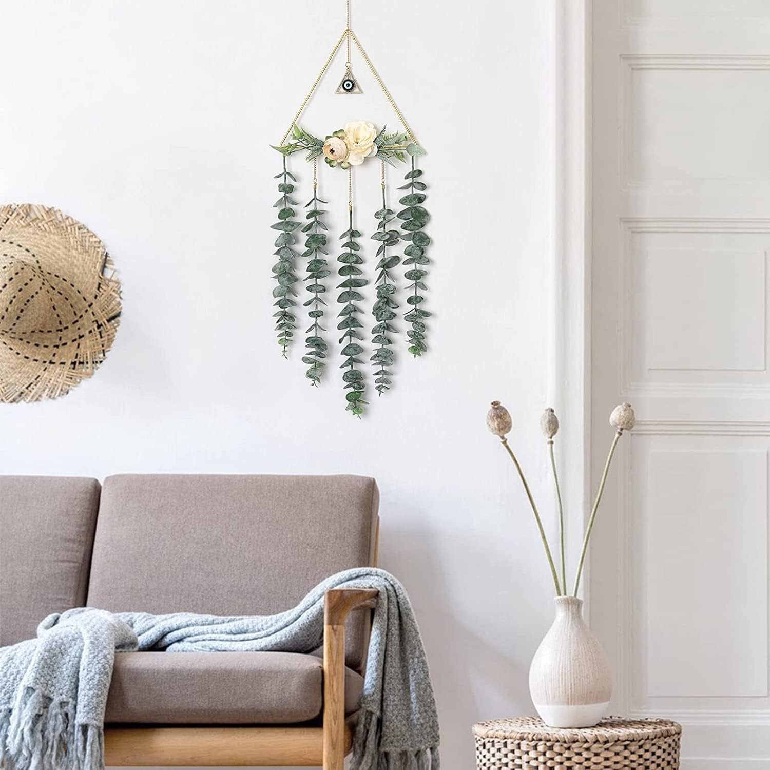 Artificial Eucalyptus Wall Hanging Boho Gold Triangle Home Decor