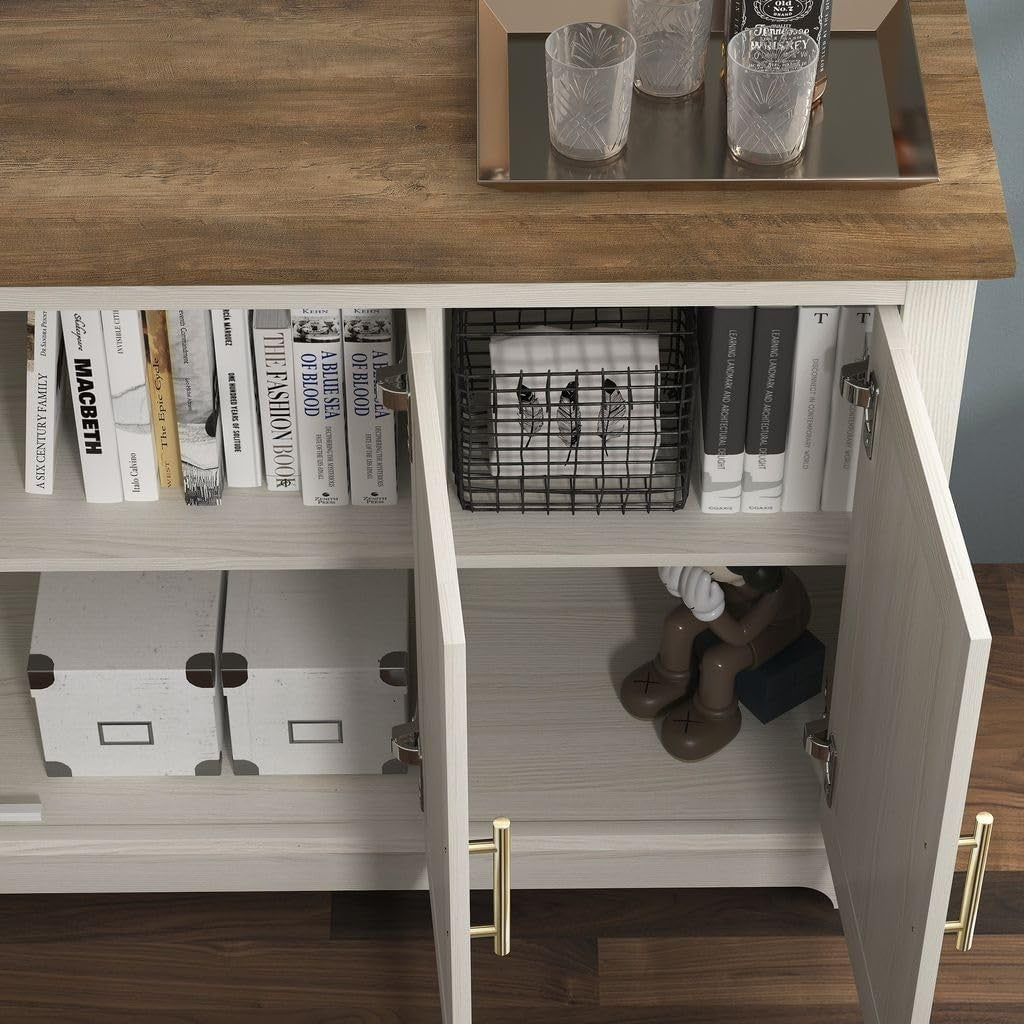 Freestanding 3-Door Storage Cabinet Cream Oak Sideboard Adjustable Shelf (S)