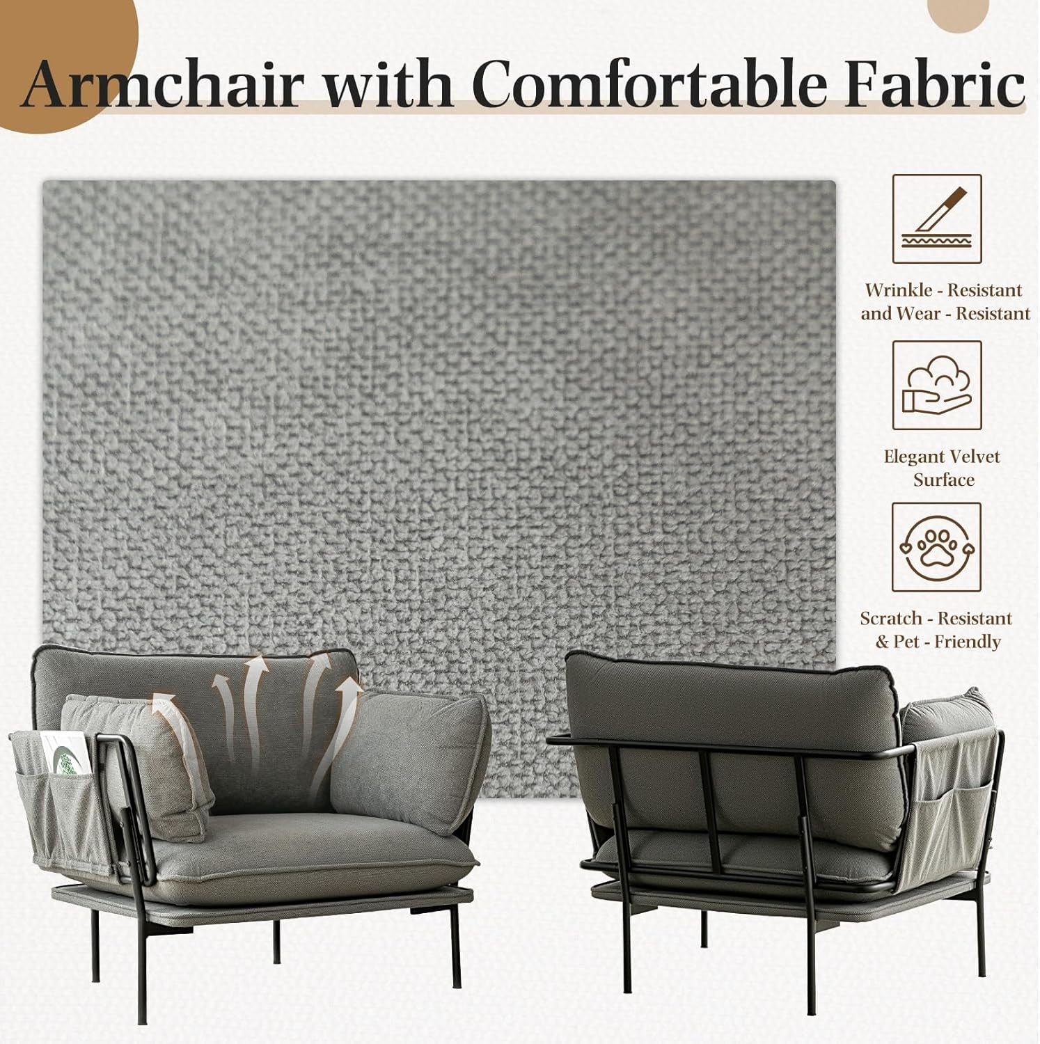 Modern Grey Upholstered Accent Armchair with Metal Frame – Cozy Lounge