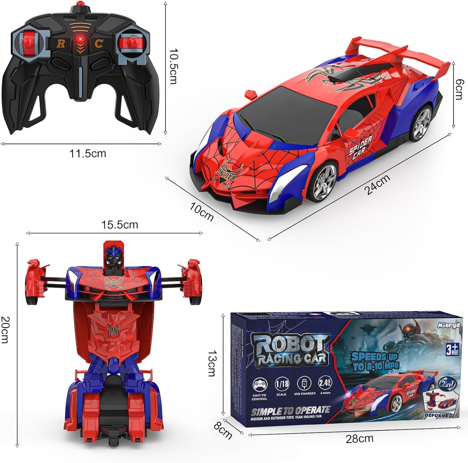 2-in-1 Spider RC Car & Robot Transformer Toy, 360° Rotating Remote Control Drift