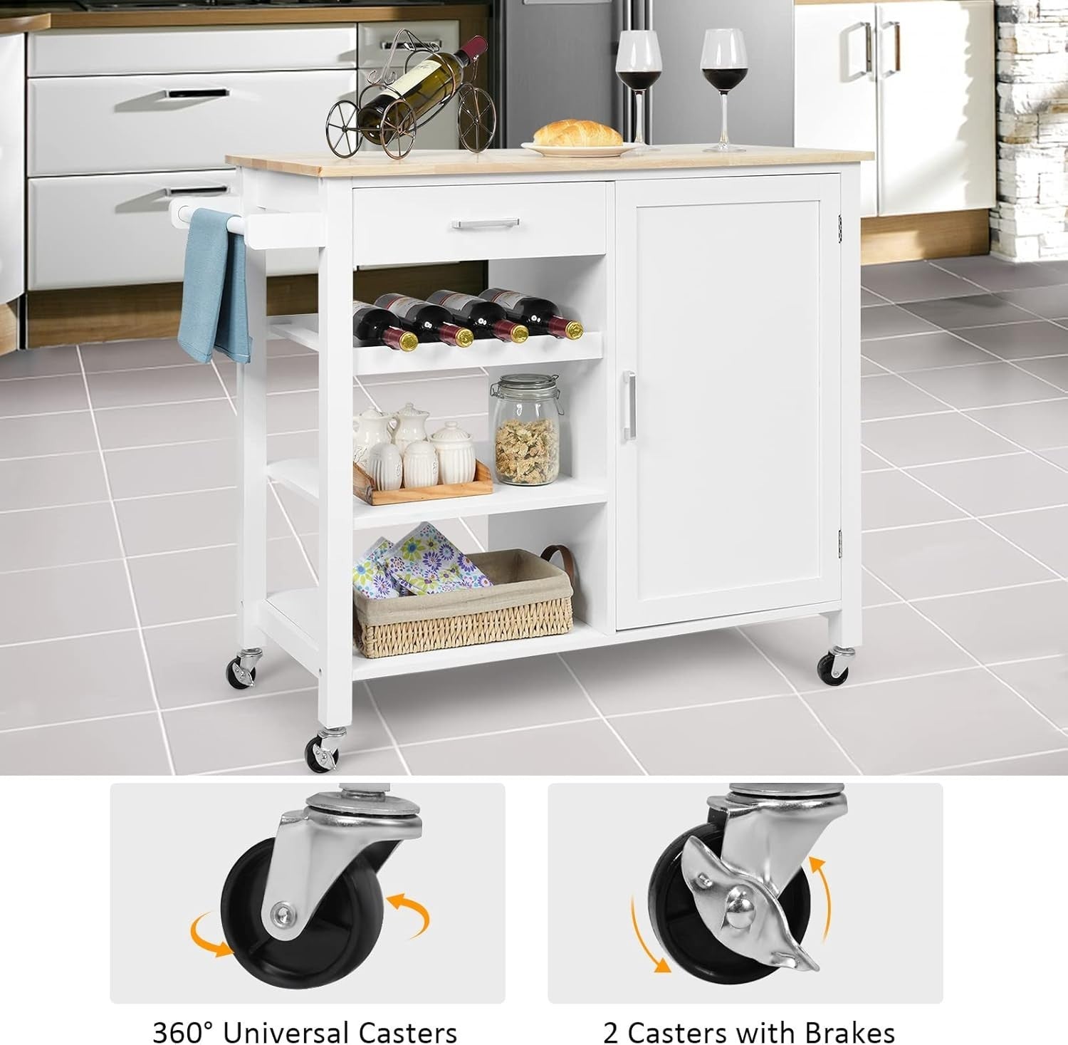 Rolling Kitchen Island Cart with Oak Top, Wine Rack, Drawer & Storage