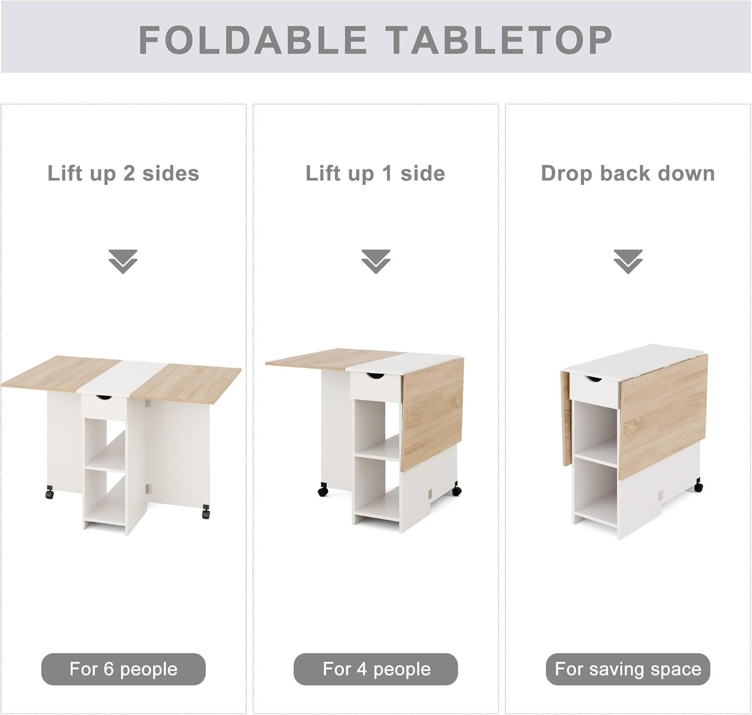 Drop Leaf Folding Dining Table with Drawer Shelves Wheels Oak White Small Space