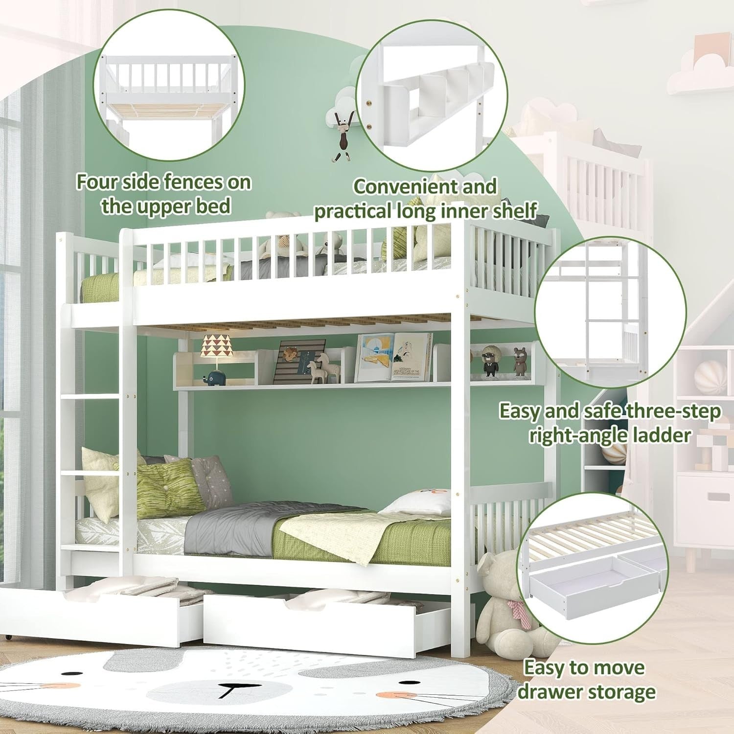 Twin Bunk Bed with Storage Drawers Kids Safe Solid Wood 90x190cm White