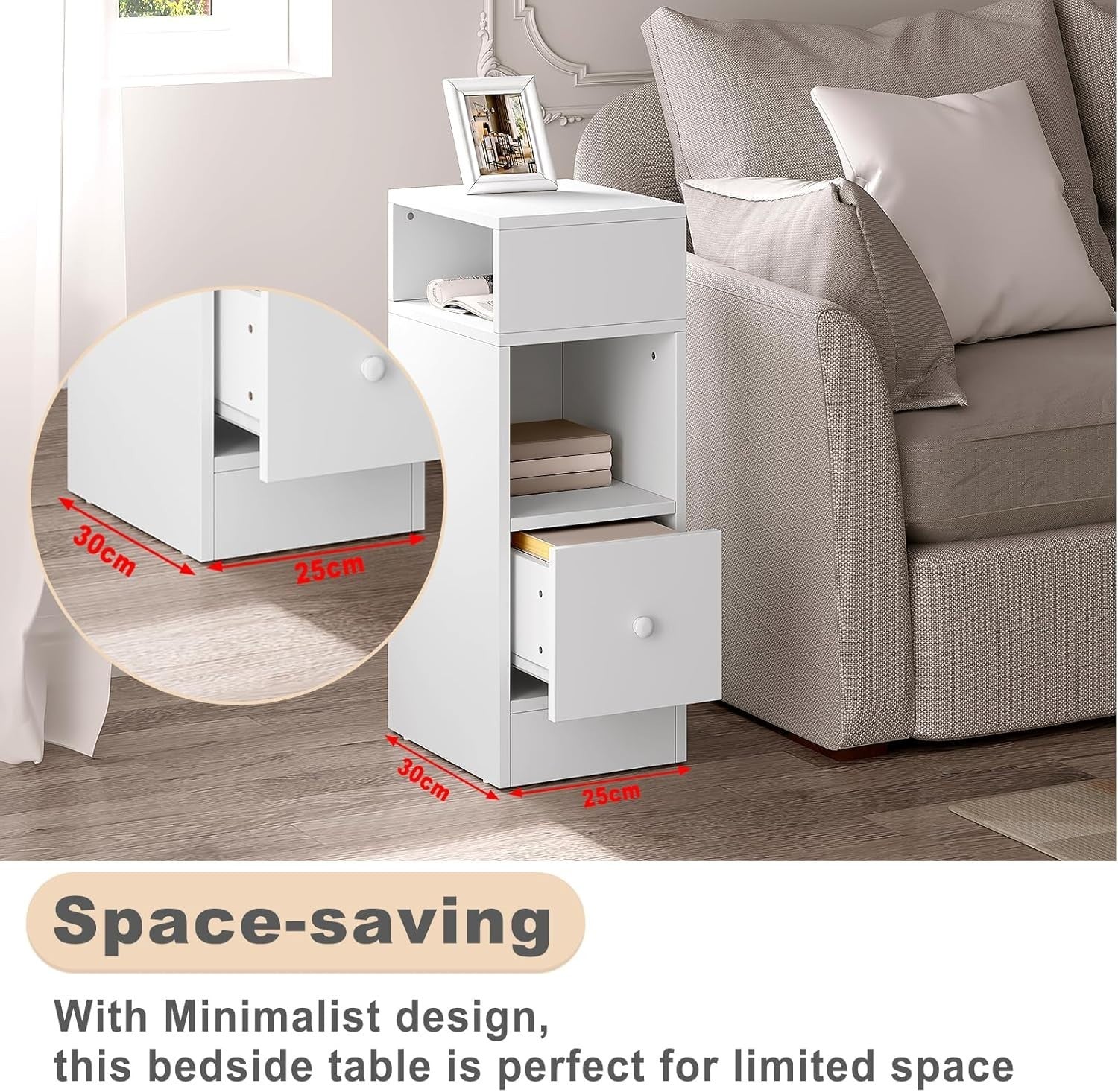 Set of 2 Slim White Bedside Tables with Drawer & Open Shelves 25x30x66cm