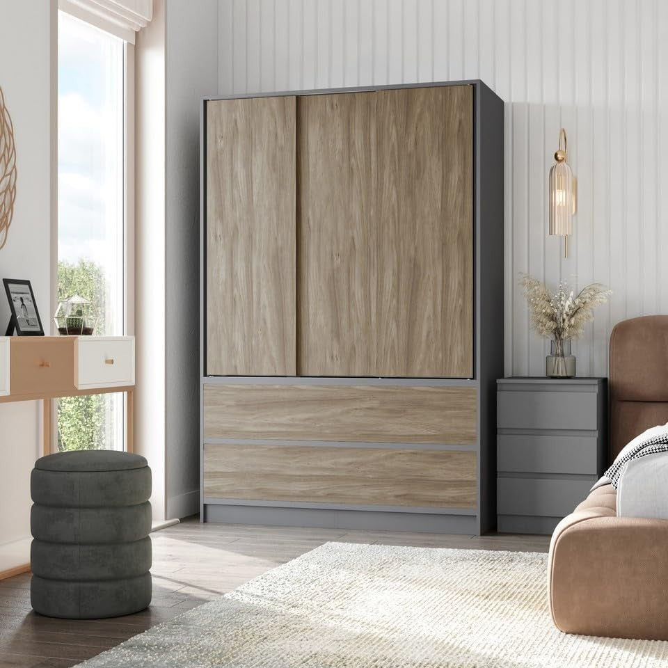 Oak Sliding Door Wardrobe with 4 Drawers & Hanging Rail – Space Saver
