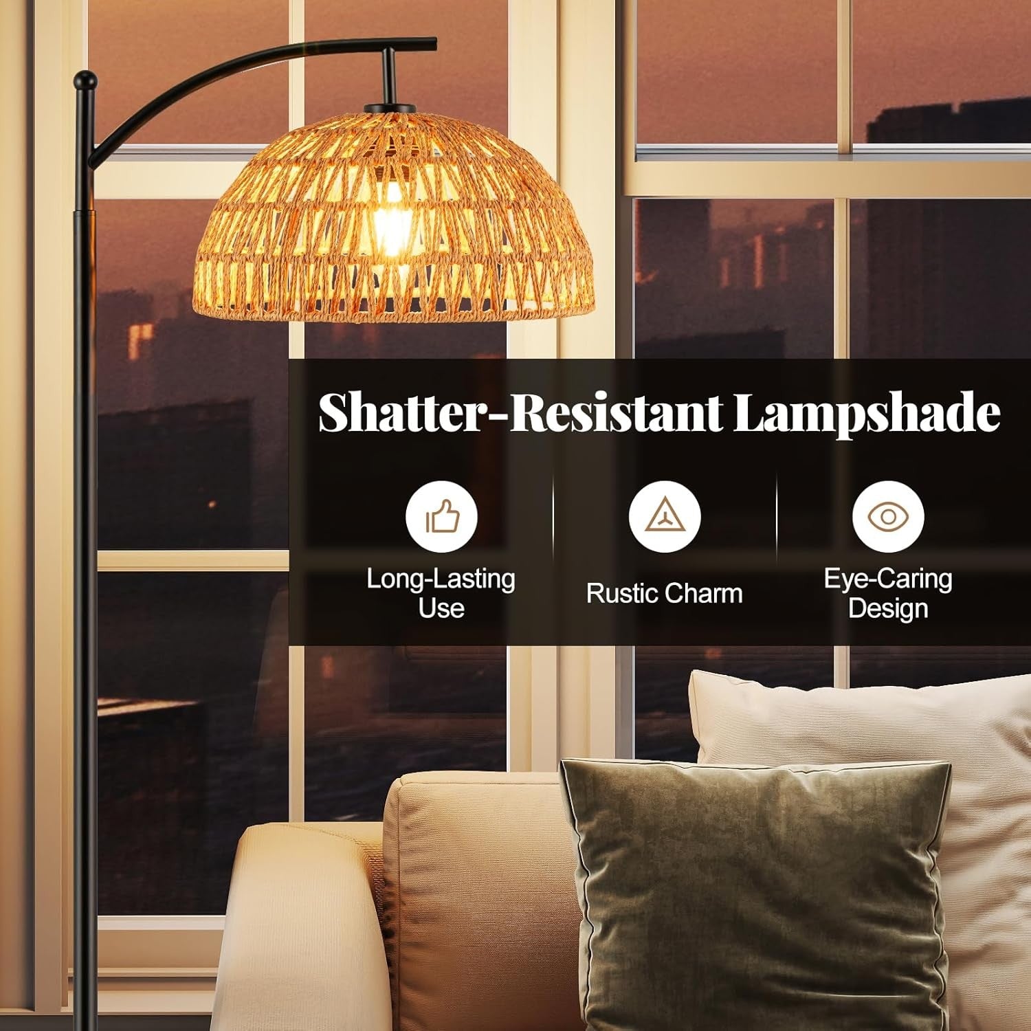 Arc Floor Lamp Woven Shade Foot Switch Tall Modern Standing Reading Light
