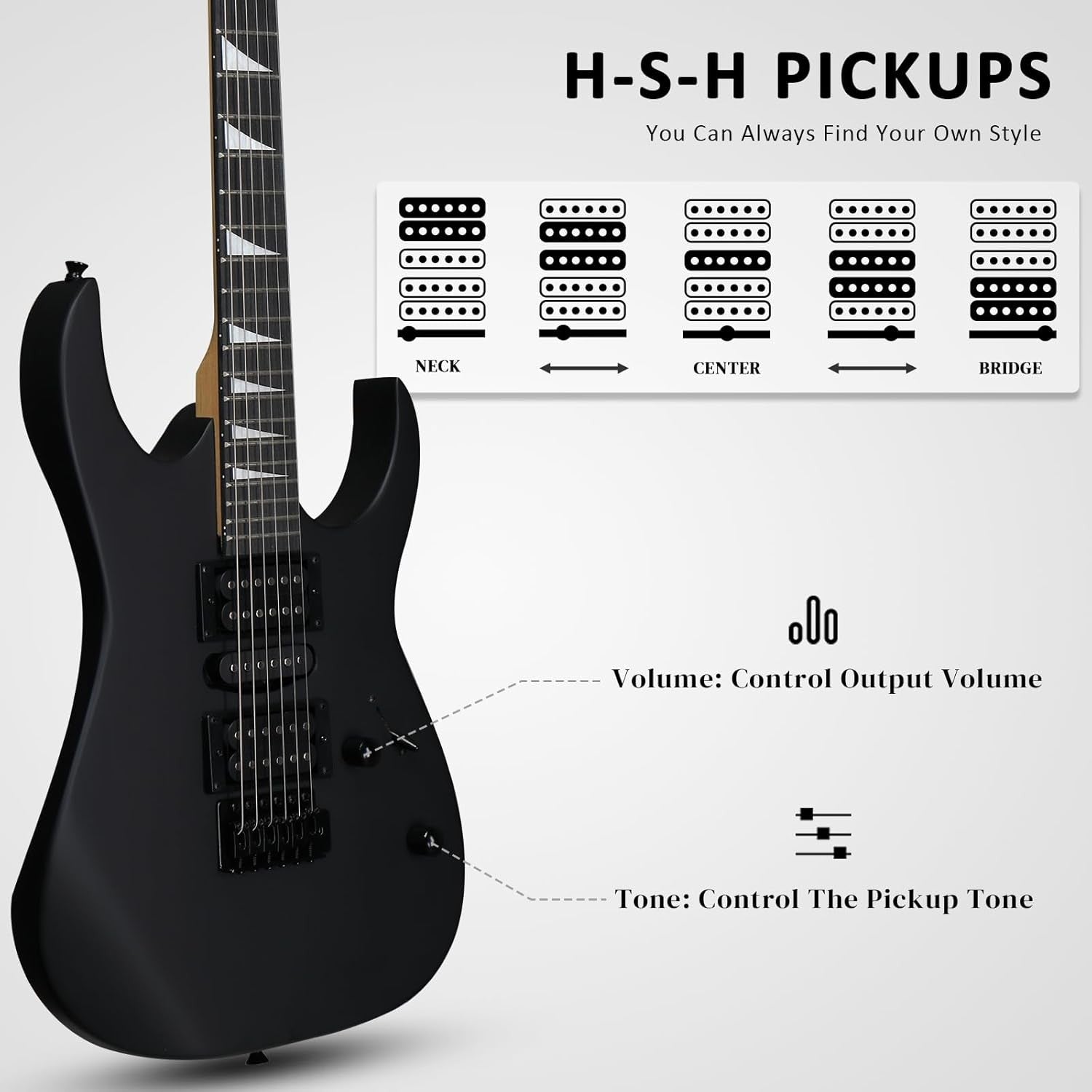 39" Electric Guitar Starter Kit HSH Pickups 20W Amp Matte Black