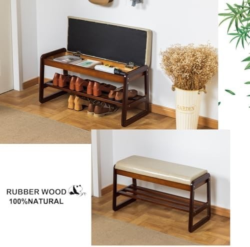 Modern Grey Shoe Bench with Cushion & Flip-Top Storage, Solid Wood 2-Tier