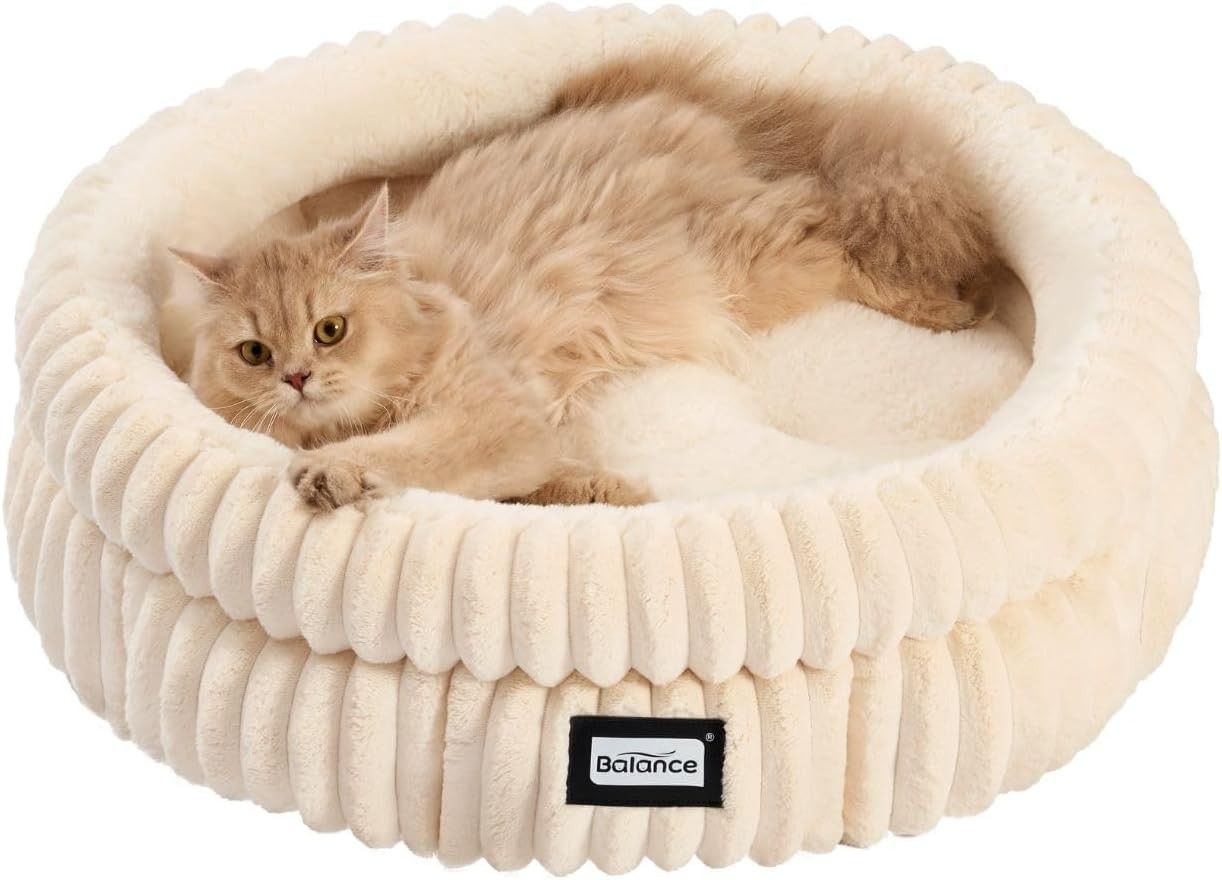 Plush Round Cat Bed Washable Faux Fur Kitten Puppy Bed High Sides