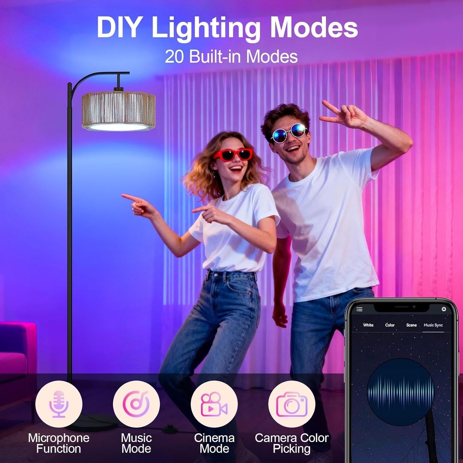 RGB Dimmable Floor Lamp Remote App Control Rattan Shade Music Sync E27