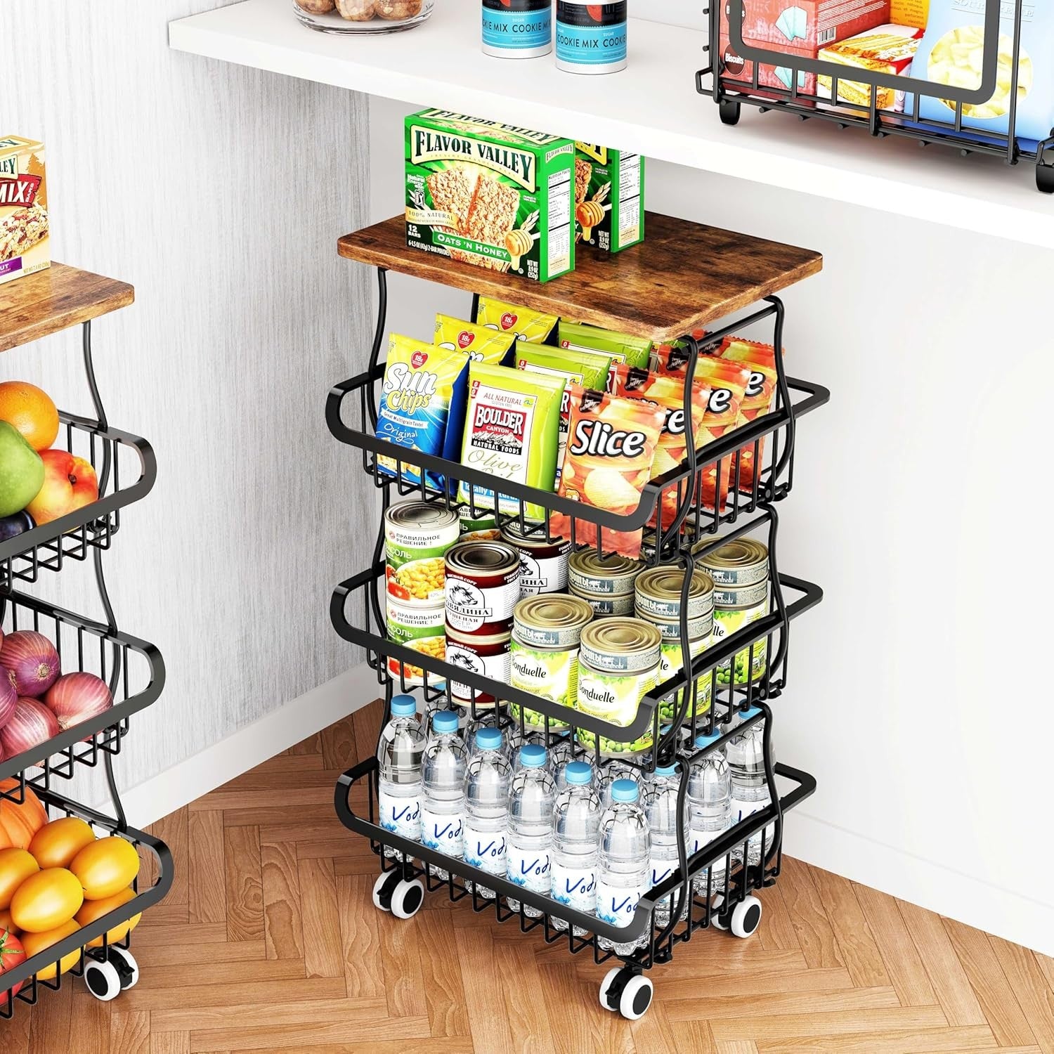 4 Tier Pantry Organiser Storage Cart Rolling Metal Baskets Kitchen Trolley