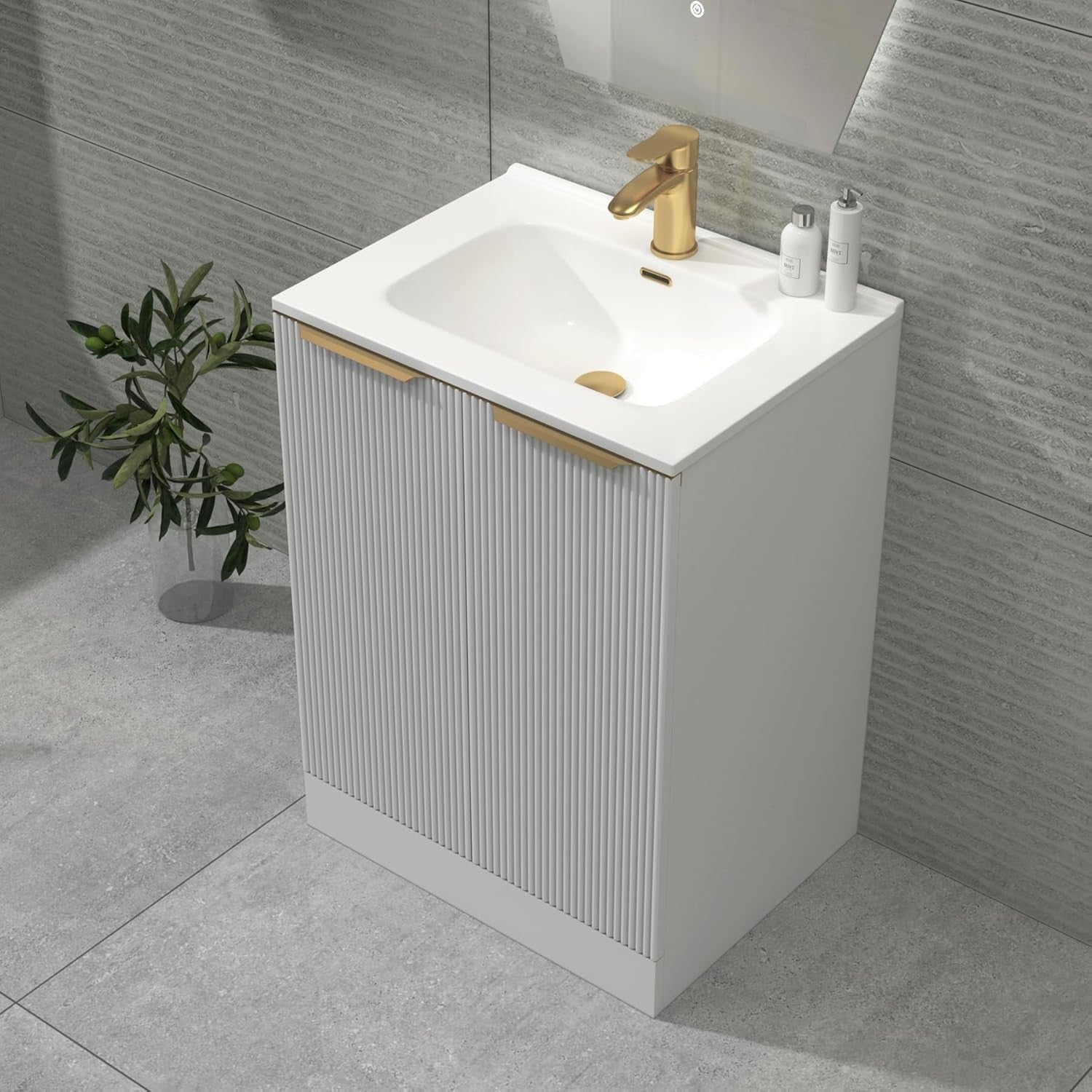 White 600mm Fluted Bathroom Vanity Unit  Basin & Brass Handles Modern