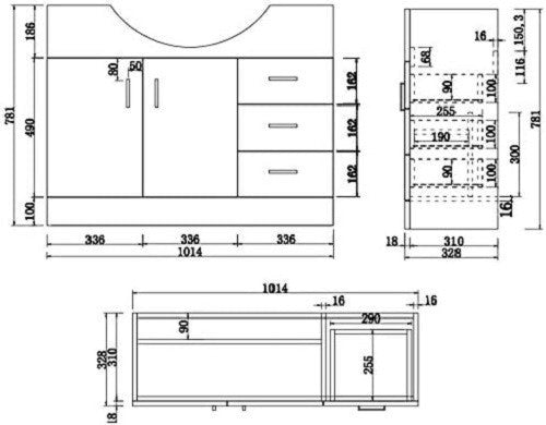 1050mm White Gloss Vanity Sink Unit – Bathroom Basin Cabinet with Doors & Drawer