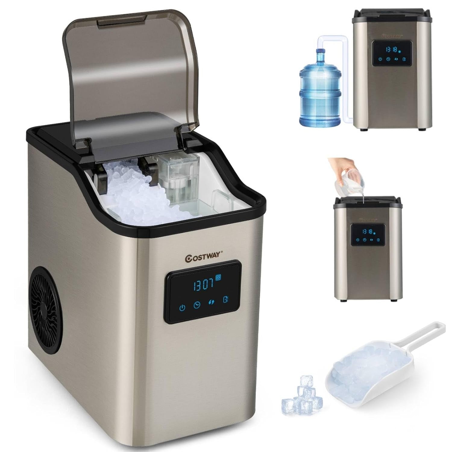 Nugget Ice Maker Countertop 24kg/24H Self Cleaning Timer 2.5L Tank