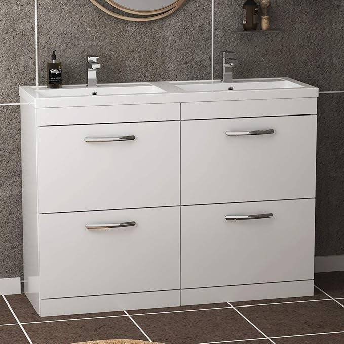 1200mm Gloss White Double Basin Vanity Unit – 4 Drawer Bathroom Sink Cabinet