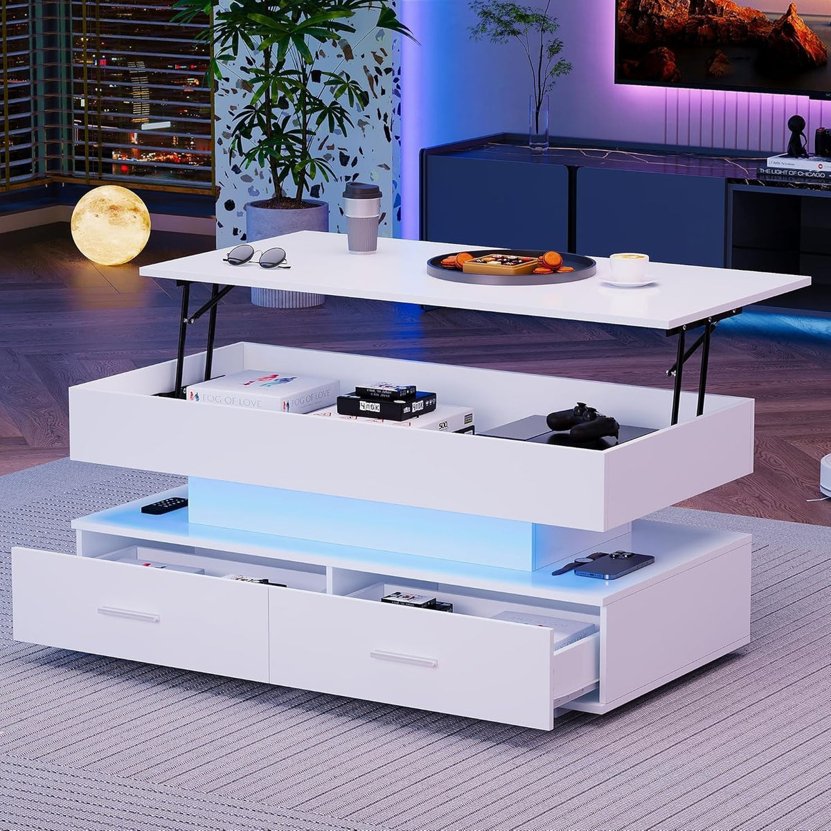 LED Lift Top Coffee Table with Storage Drawers, RGB Lights, Modern White