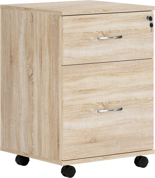 Oak Effect Locking Rolling File Cabinet 2 Drawer Under Desk Printer Unit