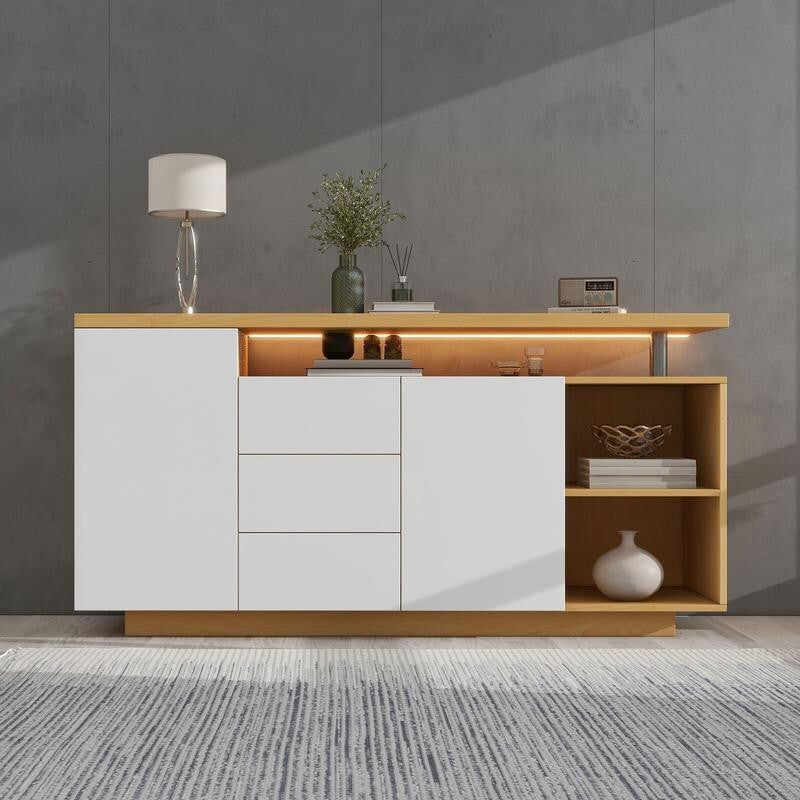 Modern White LED Sideboard Cabinet 2 Door 3 Drawer Push Open Storage