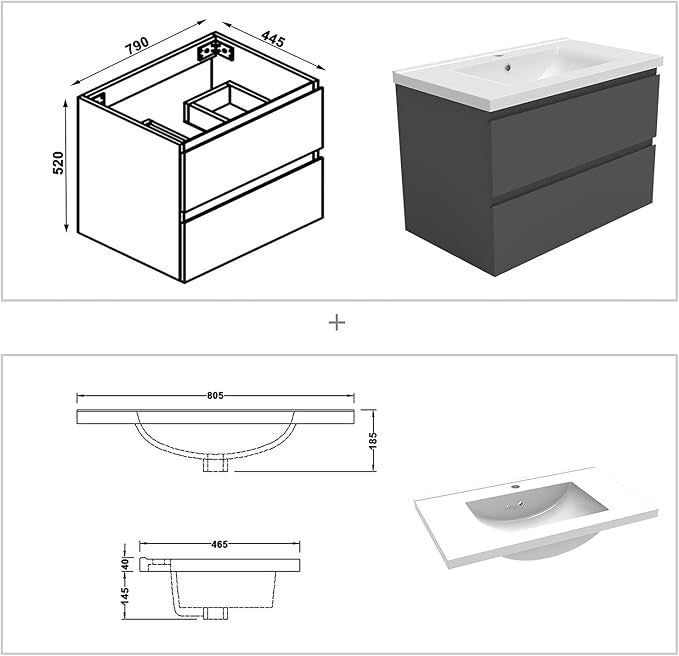 800mm Grey Wall Hung Bathroom Vanity Unit with Basin Sink 2 Drawer Storage