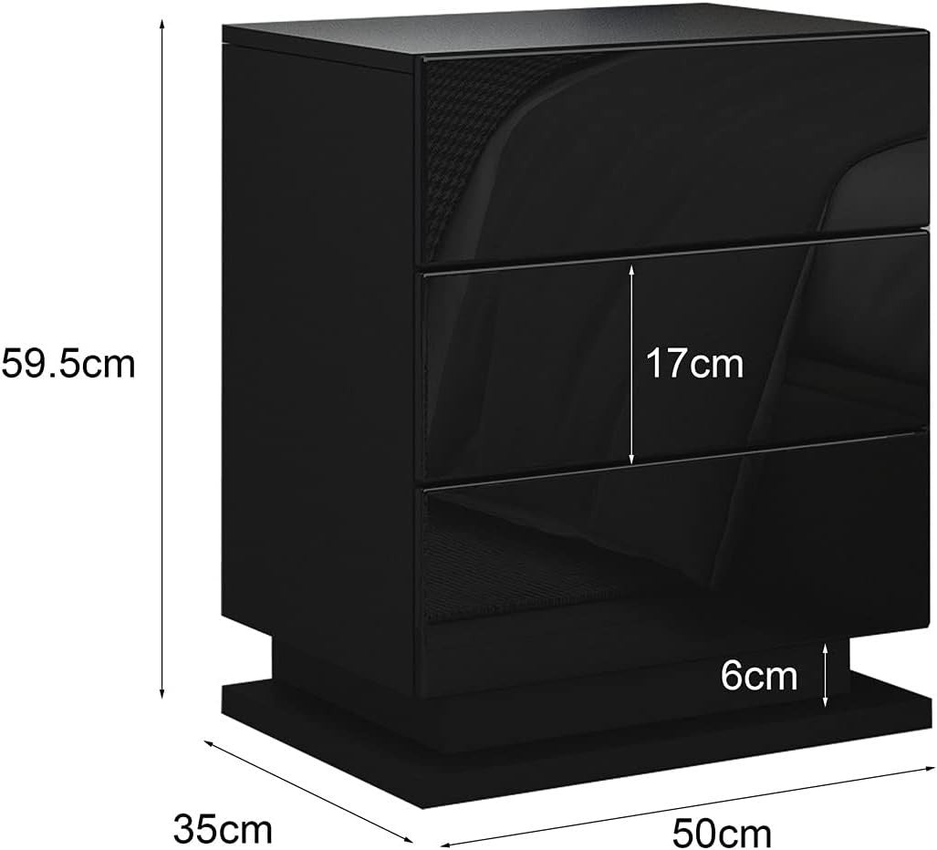 Modern Black LED Bedside Table with 3 Drawers – High Gloss Nightstand