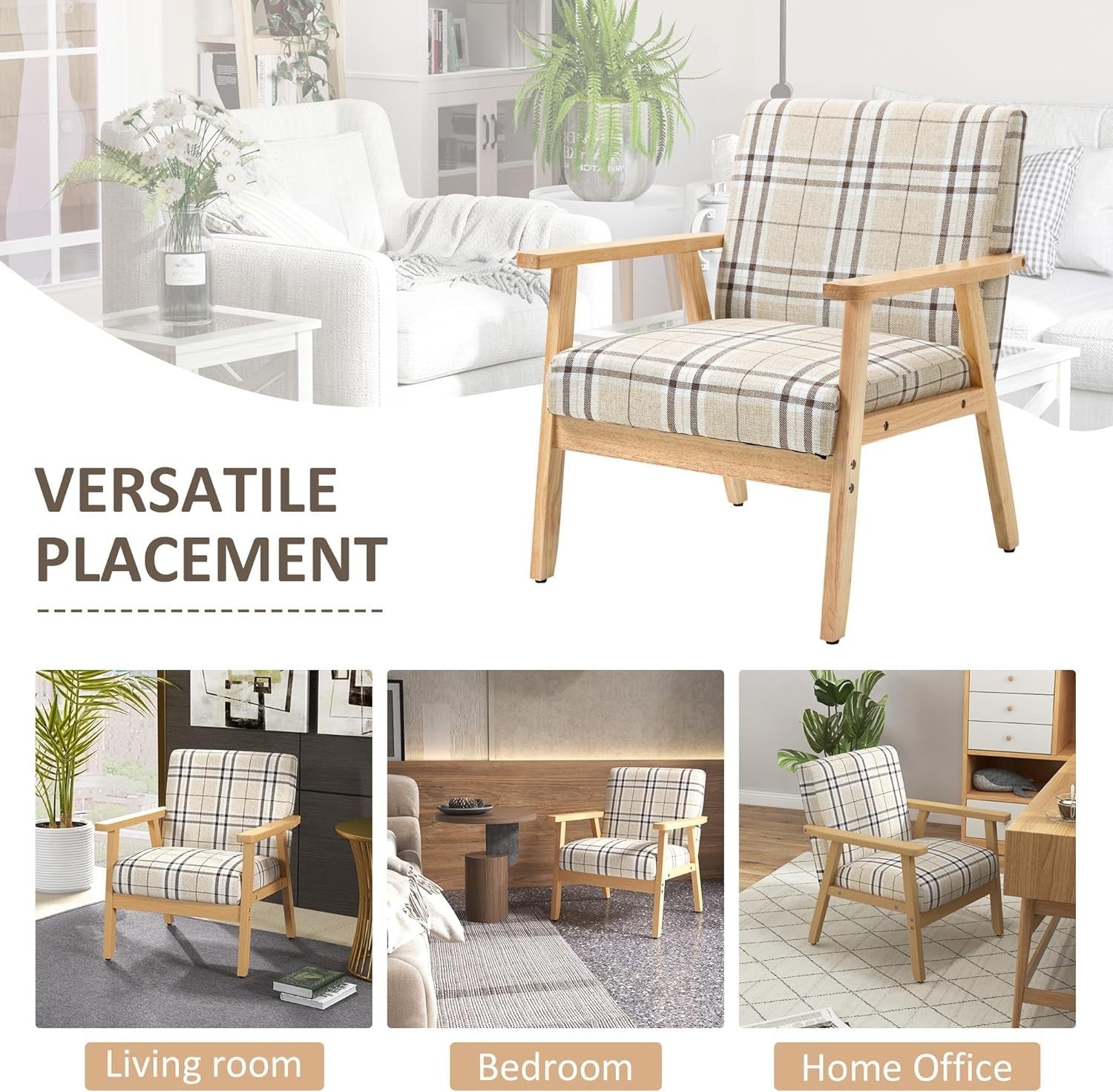 Modern Beige Linen Armchair with Rubberwood Frame – Comfortable 1-Seater Sofa