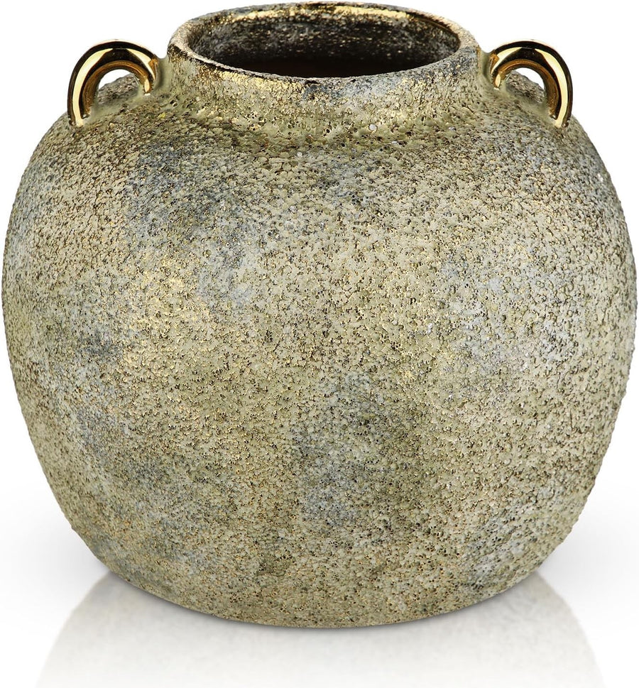 Rustic Gold Ceramic Vase 20cm with Handles Farmhouse Pampas