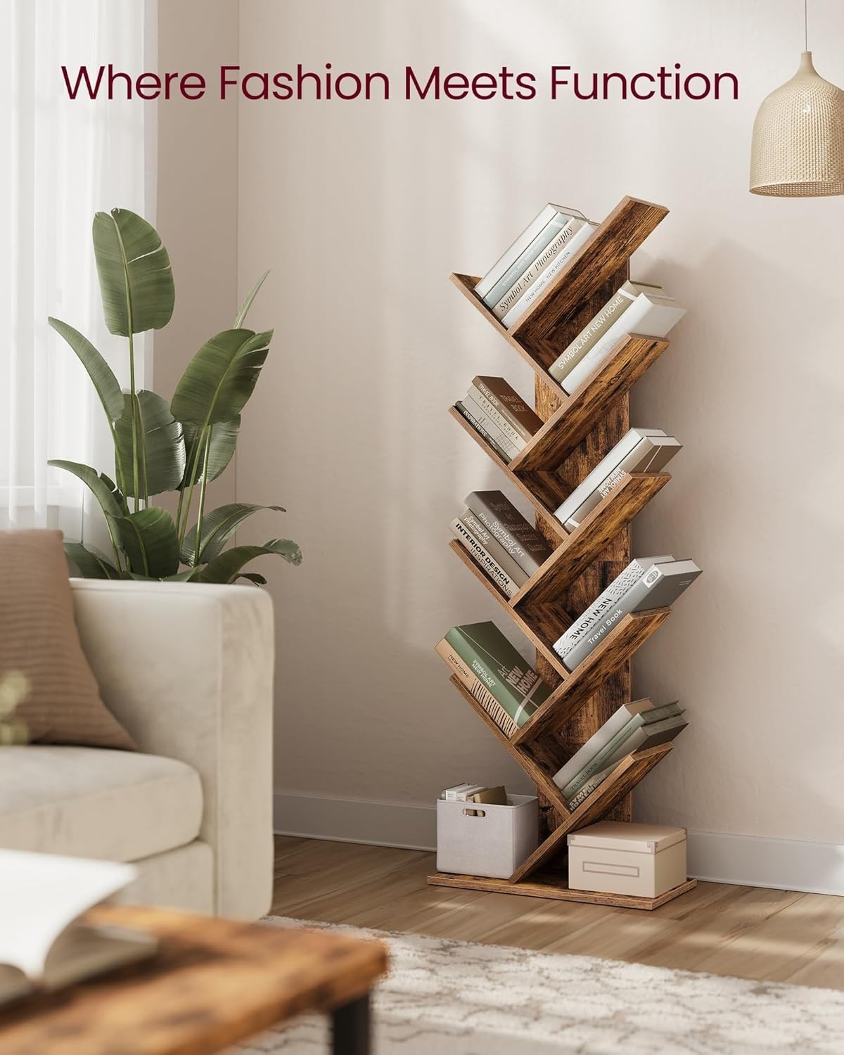 9 Tier Tree Bookshelf Rustic Brown Tall Space Saving Corner Bookcase 141cm