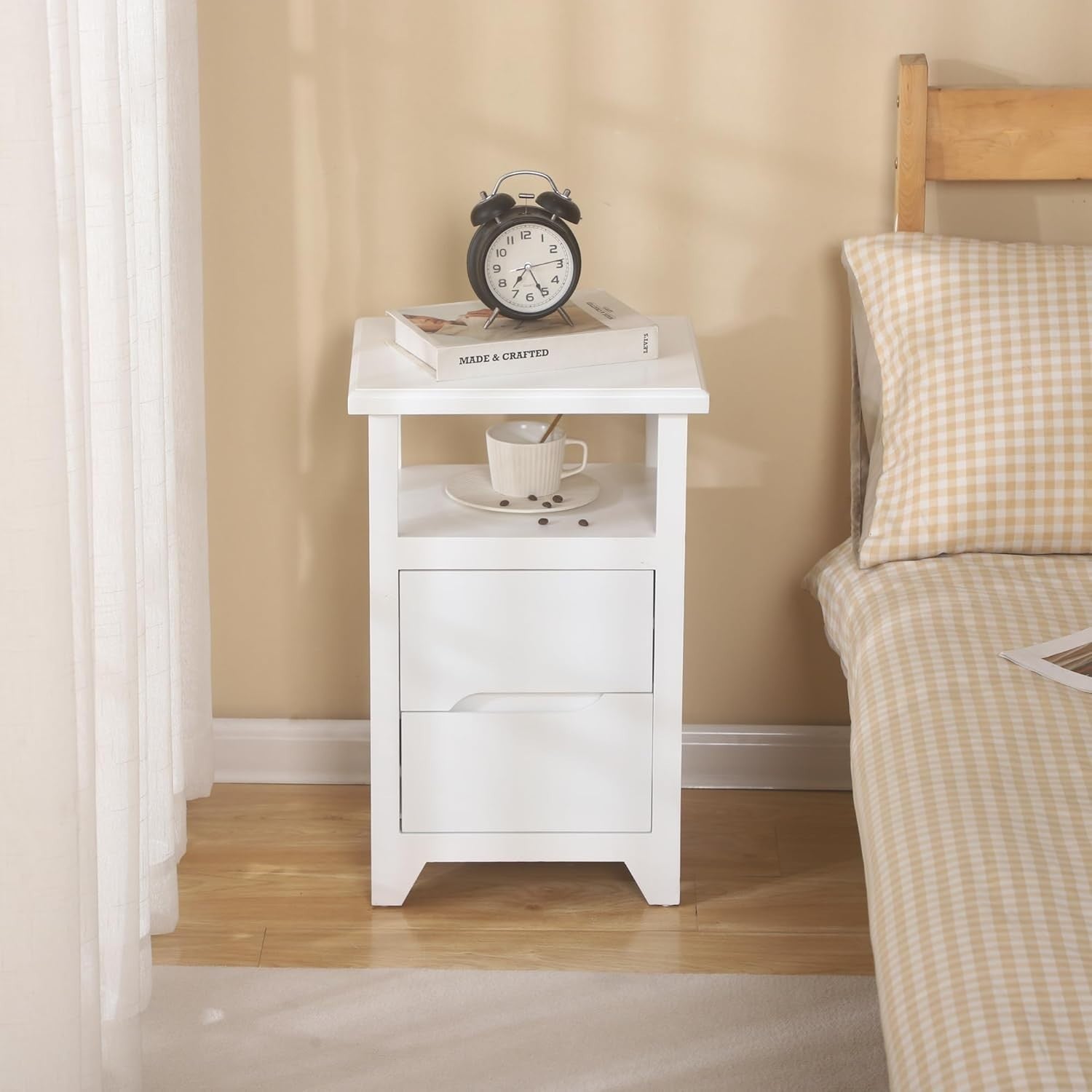 White Bedside Table with Drawer & Open Shelf | Fully Assembled Wooden Nightstand