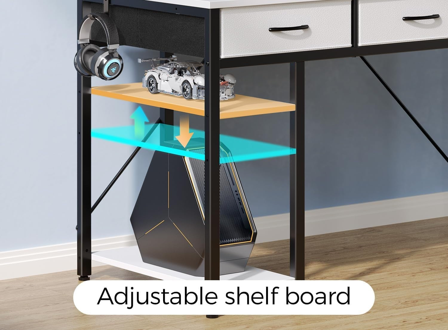 White 120cm Computer Desk with Drawers, LED Lights & Power Outlets