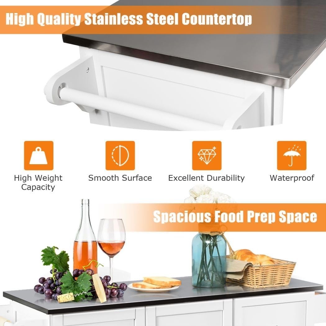 136cm Rolling Kitchen Island Stainless Steel Top